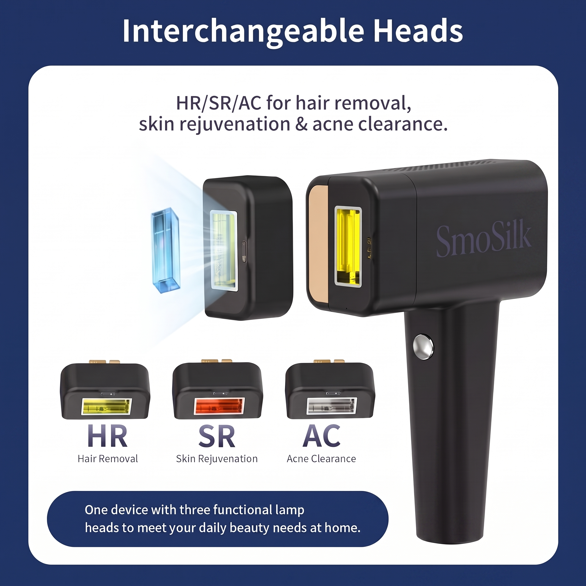 The three interchangeable lamp cartridges: HR hair removal, SR skin rejuvenation, AC acne clearance